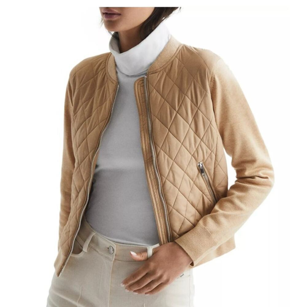 REISS Ayla Knit Hybrid Jacket Womens Brown Size 6 Small Front Zip Quilted Bomber